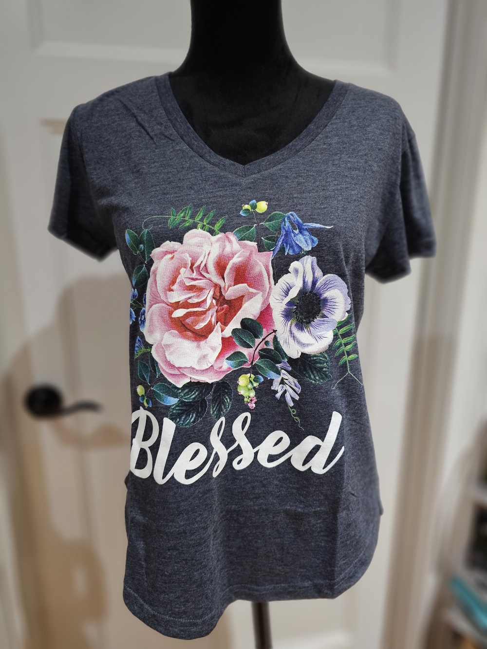 'Blessed' Floral V-Neck Tee - Charcoal with Pink & Purple Blooms, NWT